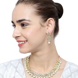 Shining Diva Gold-Plated & White Kundan-Studded & Beaded Jewellery Set-image-23