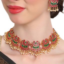 Shining Diva Green & Red Gold-Plated Kundan & Pearl Studded Jewellery Set-image-32