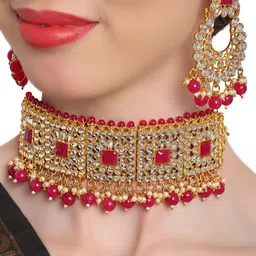 Shining Diva Gold-Plated Red & White Kundan-Studded & Beaded Jewellery Set-picture-46