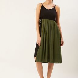 The Dry State Women Olive Green & Black Colourblocked Layered A-Line Dress-image-69