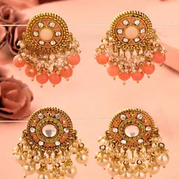 Zaveri Pearls Set Of 2 Gold-Plated Studded & Beaded Contemporary Studs-21