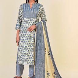 NH KAPDEWALA Women Off White Ethnic Motifs Yoke Design Kurta with Trousers & With Dupatta-image-69