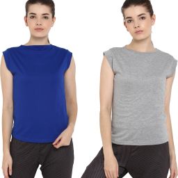 Pack of 2 Women Solid Round Neck Pure Cotton Blue, Grey T-Shirt-image-95