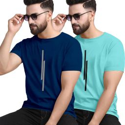 Pack of 2 Men Striped Round Neck Polyester Dark Blue, Blue T-Shirt-image-82