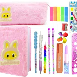 Labubu Doll Stationery Return Gift for kids Labubu Print Pencil Pouch for Kids Labubu Doll Geometry Box with Labubu Mini Diary& Stationeries Stuffed Labubu Toy Art Plastic Pencil Box-28