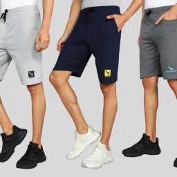 Pack of 3 Self Design Men Silver, Dark Blue, Grey Regular Shorts-13