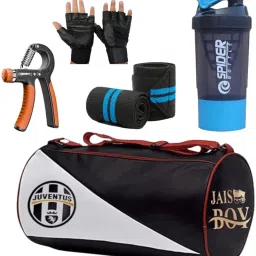 15 L Gym Duffel Bag - Combo Set of Bag with Gym Gloves with Wrist Band and shaker Bottle hand gripper - Blue, Red, Orange-2