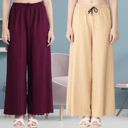 irha Pack of 2 Women Regular Fit Purple, Cream Viscose Rayon Trousers-picture-13