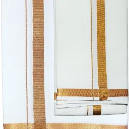 Prakasam Cotton Mens Premium Single Jari cotton White Dhoti and Matching jari towel set Solid Men Dhoti-image-7