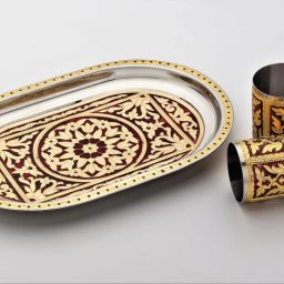 Antique Golden Red Meena Embossed For Guest Gifting Snacks & Tea Serving Glass Tray Set-image-48