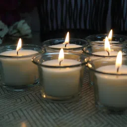 Highly Fragranced Sweet Pea Jasmine Filled Votive Glass Candles / Decoration Candles, Pack of 6, White Candle-image-3