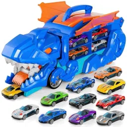 3-in-1 Dinosaur Truck Toy with 2 Die-Cast Cars & Foldable Race Track Transforms-27