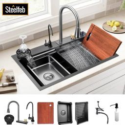 30X18 Waterfall Kitchen Sink (304 Grade) With Pullout Waterfall Faucet & Glass Washer & Soap Dispenser & RO Water Faucet (Anti-Scratch) (Anti-Stain) Vessel Sink-image-73