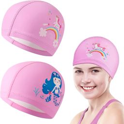 PU Swim Cap for Kids, Cartoon Printed Swimming Cap for Girls Elastic PU Swim Cap Swimming Cap-image-74
