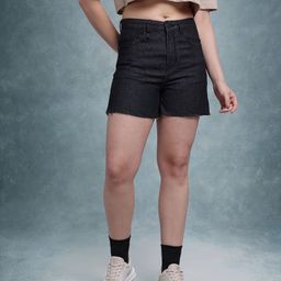 roadster Solid Women Black Denim Shorts-picture-11
