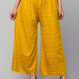 Women Relaxed Yellow Viscose Rayon Trousers-image-55