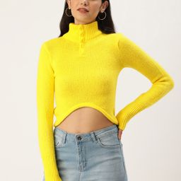 FOREVER 21 Women Yellow Self-Design Turtle-Neck Crop Pullover Sweater-image-77