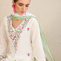 Indo Era Floral Embroidered Pure Cotton Kurta With Trousers & Dupatta-48