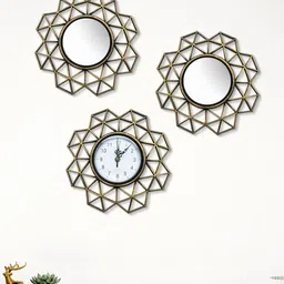 Home Centre Corsica Corvus Gold-Toned 3 Pieces Textured Decorative Mirrors & Wall Clock-55