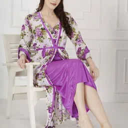 Be You Floral Printed Shoulder Straps Satin Maxi Nightdress With Robe-image-91