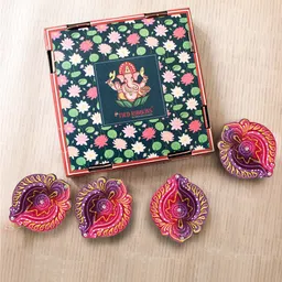 TIED RIBBONS Set of 4 Red & Violet Textured Terracotta Diyas-57