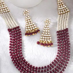 Peora Maroon & White Multistrand Long Necklace with Earrings-image-27