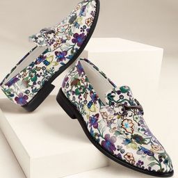 FAUSTO Men White Floral PrintedHorsebit Buckle PU Loafers-image-51