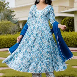 Anouk Blue Ethnic Motifs Printed Pure Cotton Anarkali Kurta With Trousers & Dupatta-picture-2