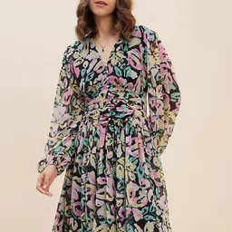 Antheaa Multicoloured Floral Print Chiffon Fit & Flare Dress-image-10