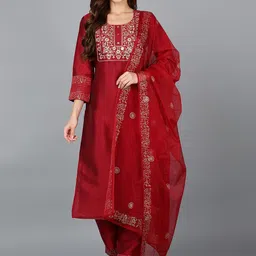 AHIKA Yoke Design Embroidered Regular Kurta with Trousers & With Dupatta image 2