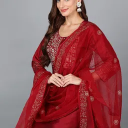 AHIKA Yoke Design Embroidered Regular Kurta with Trousers & With Dupatta image 3