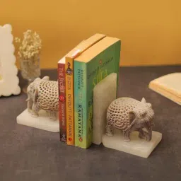katkaria creations Elephant Carving Set Of 2 White Soapstone & Marble Bookends-picture-16