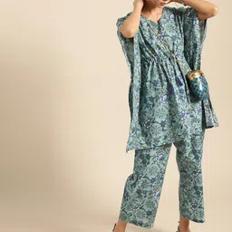 Varanga Women Green & Blue Pure Cotton Printed Tunic with Palazzos-picture-32