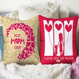 Indigifts Beige & Red 2 Pieces Printed Cotton Square Cushions With Filler-53