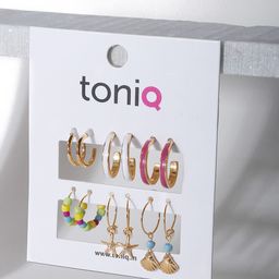 ToniQ Multicoloured Set Of 6 Enameled Circular Hoop Earrings-5