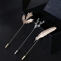 Yellow Chimes Men Set Of 3 Gold-Toned & Silver-Toned Embellished Lapel Pins-0