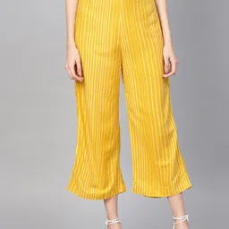 Pannkh Women Yellow & White Striped Cropped Straight Palazzos-image-91