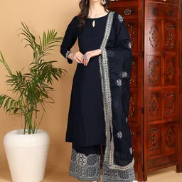 AHIKA Navy Blue Keyhole Neck Embroidered Kurta With Palazzos & Dupatta-picture-28
