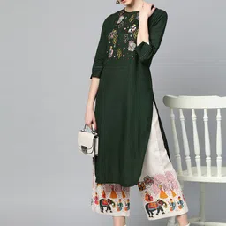 Ishin Women Green & Off-White Yoke Design Kurta with Block Print Palazzos-picture-16
