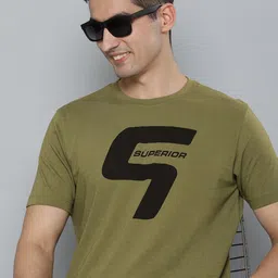 HERE&NOW Men Olive Green & Black Typography Printed Pure Cotton T-shirt-image-72
