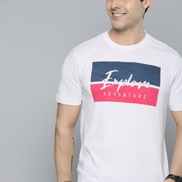 HERE&NOW Men White & Navy Blue Typography Printed Pure Cotton T-shirt-image-100