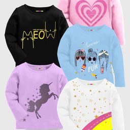 KUCHIPOO Pack Of 5 Girls Graphic Printed Round Neck T-shirts-image-73