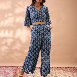 Globus Ethnic Printed V Neck Crop Top With Wide Leg Trousers Co-Ords-image-27