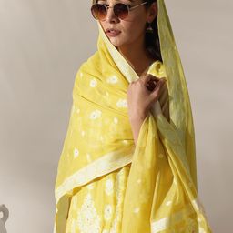 Libas Yellow Floral Woven Design Chanderi Silk Straight Kurta With Trousers & Dupatta-picture-9