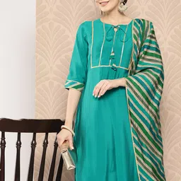Libas Women Blue Yoke Design Gotta Patti Kurta with Trousers & With Dupatta-picture-4