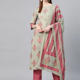 Yuris Women Olive Green & Pink Pure Cotton Printed Kurta with Trousers & Dupatta-picture-19