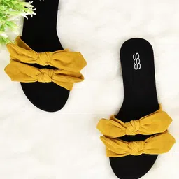 Street Style Store Women Mustard Yellow Solid Open Toe Flats with Bow Detail-image-62