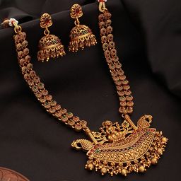 Saraf RS Jewellery Gold-Plated AD Studded Kempo Goddess Lakshmi Temple Jewellery Set-image-2