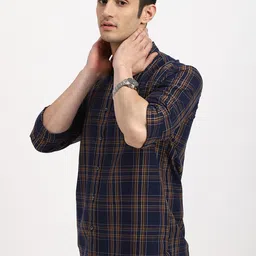 Arrow Sport Men Navy Blue Slim Fit Plaid Twill Weave Casual Shirt-image-40