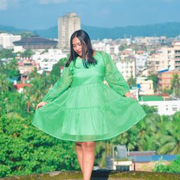 SASSAFRAS Women Green Solid Tiered Puff Sleeves A-Line Dress-image-47